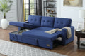 Blue sectional sofa with storage drawers in a living room setting.