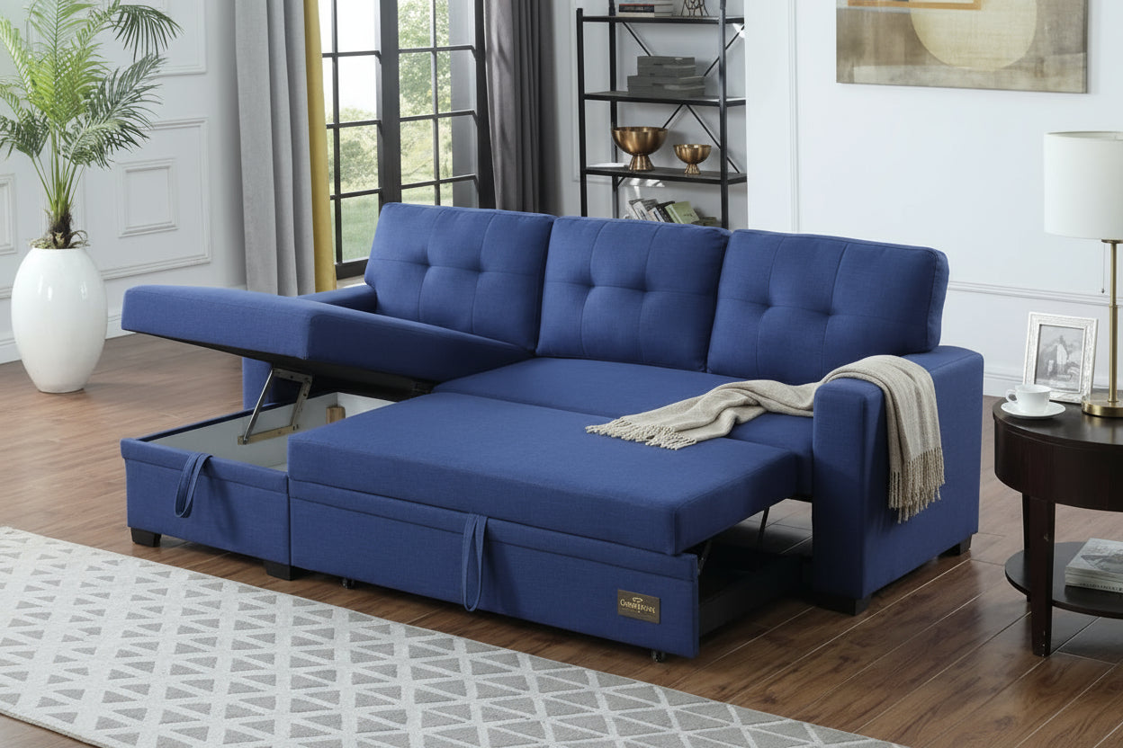 Blue sectional sofa with storage drawers in a living room setting.