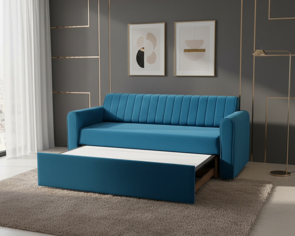Blue sofa bed in a modern living room with gray walls and white curtains.