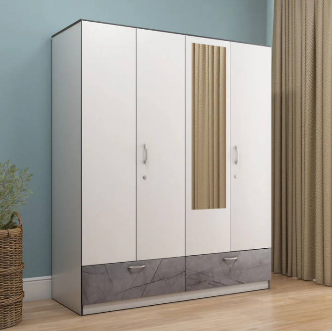 Frosty White Marble-Finish 3-Door Wardrobe with Mirror - Comfortex