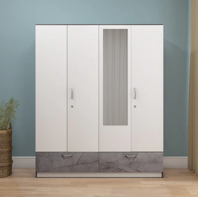 Frosty White Marble-Finish 3-Door Wardrobe with Mirror - Comfortex