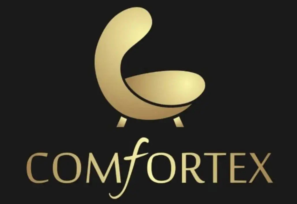 Gold logo of Comfortex on a black background