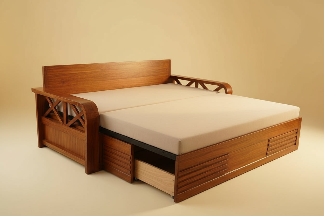 Wooden bed frame with beige mattress and pillows
